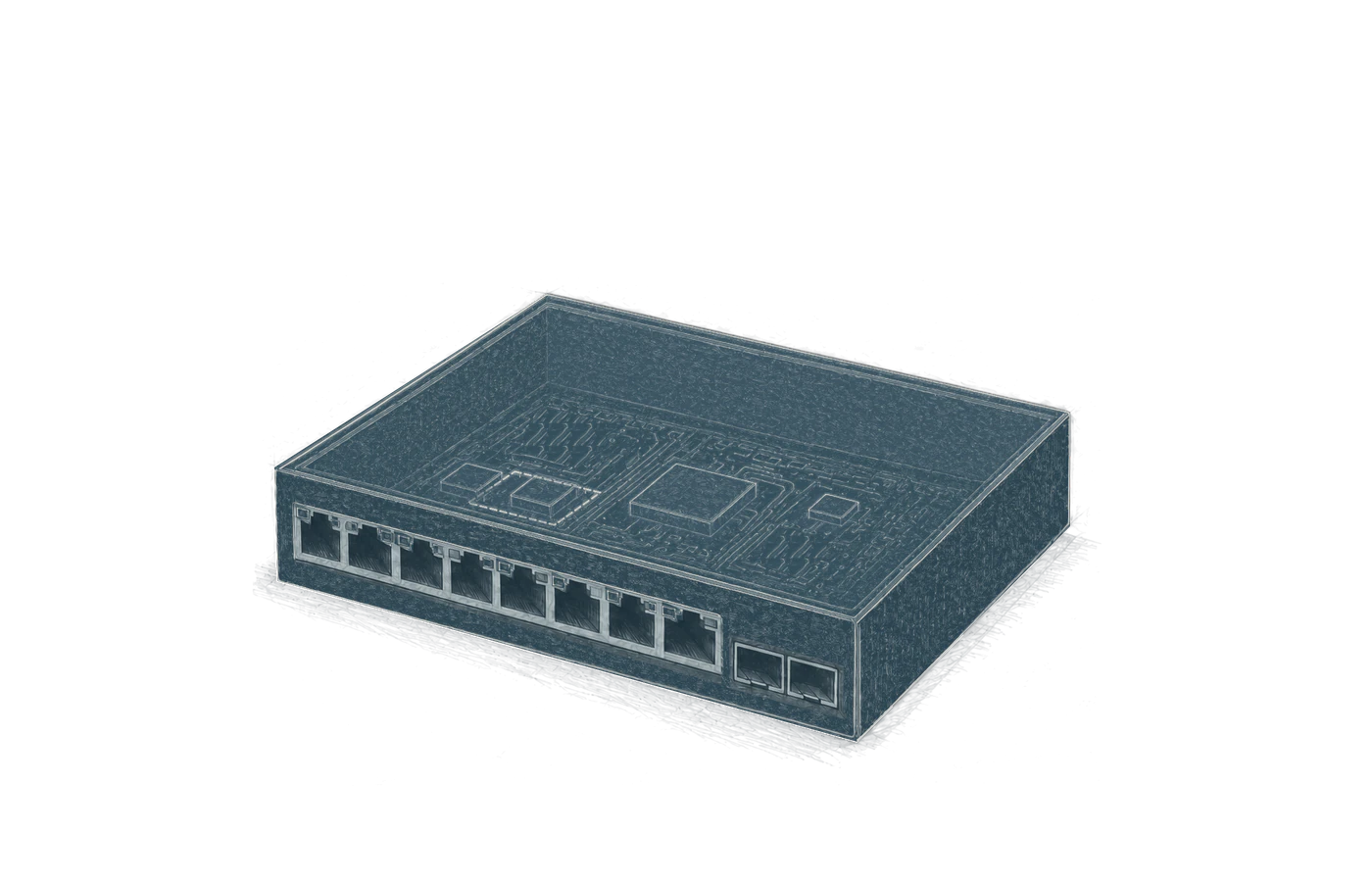 Gezeichneter Switch mit acht RJ45-Ports, zwei SFP-Uplinks und vier Hauptchips.